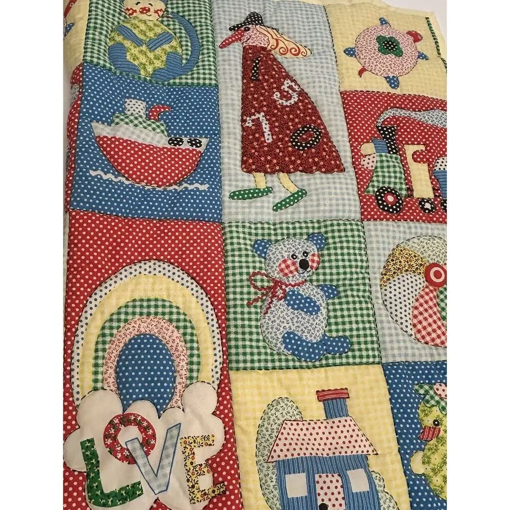 VTG Handmade Baby Novelty Gingham Patchwork Animals Quilt Cotton Fabric 42